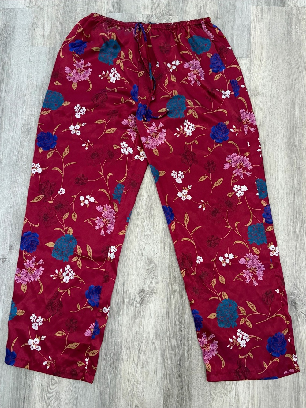 Valerie Stevens Floral satin pajama pants Women L Burgundy Wide Leg Comfy boho